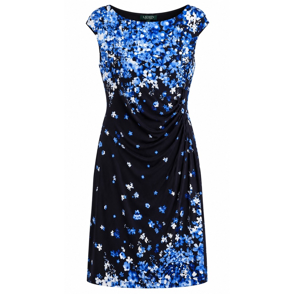 Lauren Ralph Lauren Floral Ruched Sheath Dress Size 16 Blue Navy Cap Sleeve